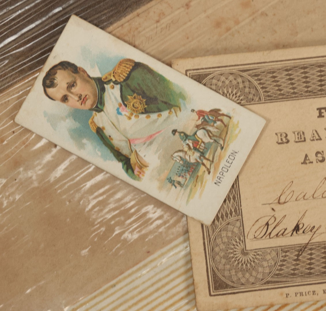 Lot 142 - Grouping Of Mixed Antique Ephemera As Found Including Early Hand Colored Winter Engraving, Friends' Reading Room Association Card, Numerous Tobacco Cards, Die Cuts, Etc., Approximately 35+ Pieces