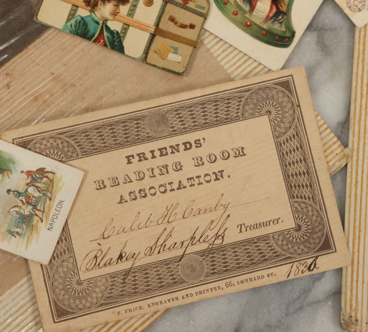 Lot 142 - Grouping Of Mixed Antique Ephemera As Found Including Early Hand Colored Winter Engraving, Friends' Reading Room Association Card, Numerous Tobacco Cards, Die Cuts, Etc., Approximately 35+ Pieces