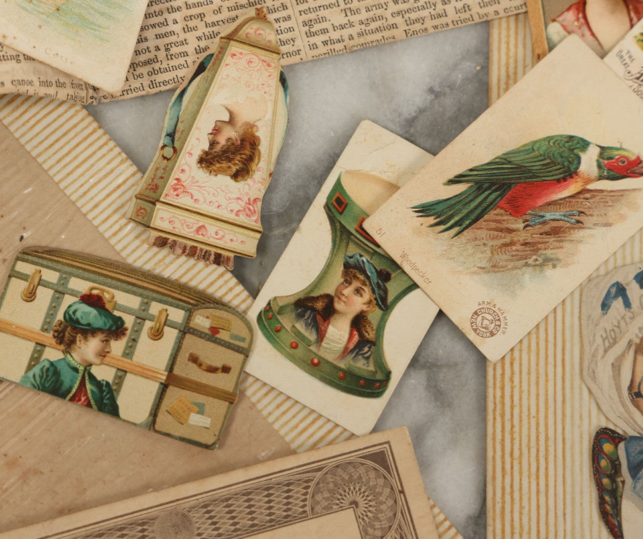 Lot 142 - Grouping Of Mixed Antique Ephemera As Found Including Early Hand Colored Winter Engraving, Friends' Reading Room Association Card, Numerous Tobacco Cards, Die Cuts, Etc., Approximately 35+ Pieces