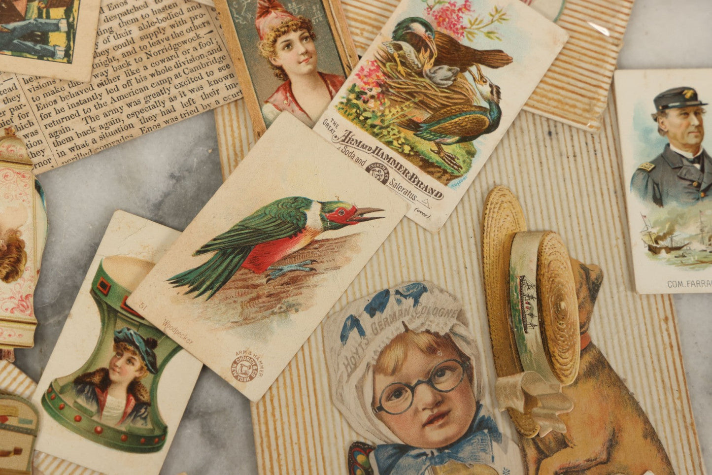 Lot 142 - Grouping Of Mixed Antique Ephemera As Found Including Early Hand Colored Winter Engraving, Friends' Reading Room Association Card, Numerous Tobacco Cards, Die Cuts, Etc., Approximately 35+ Pieces