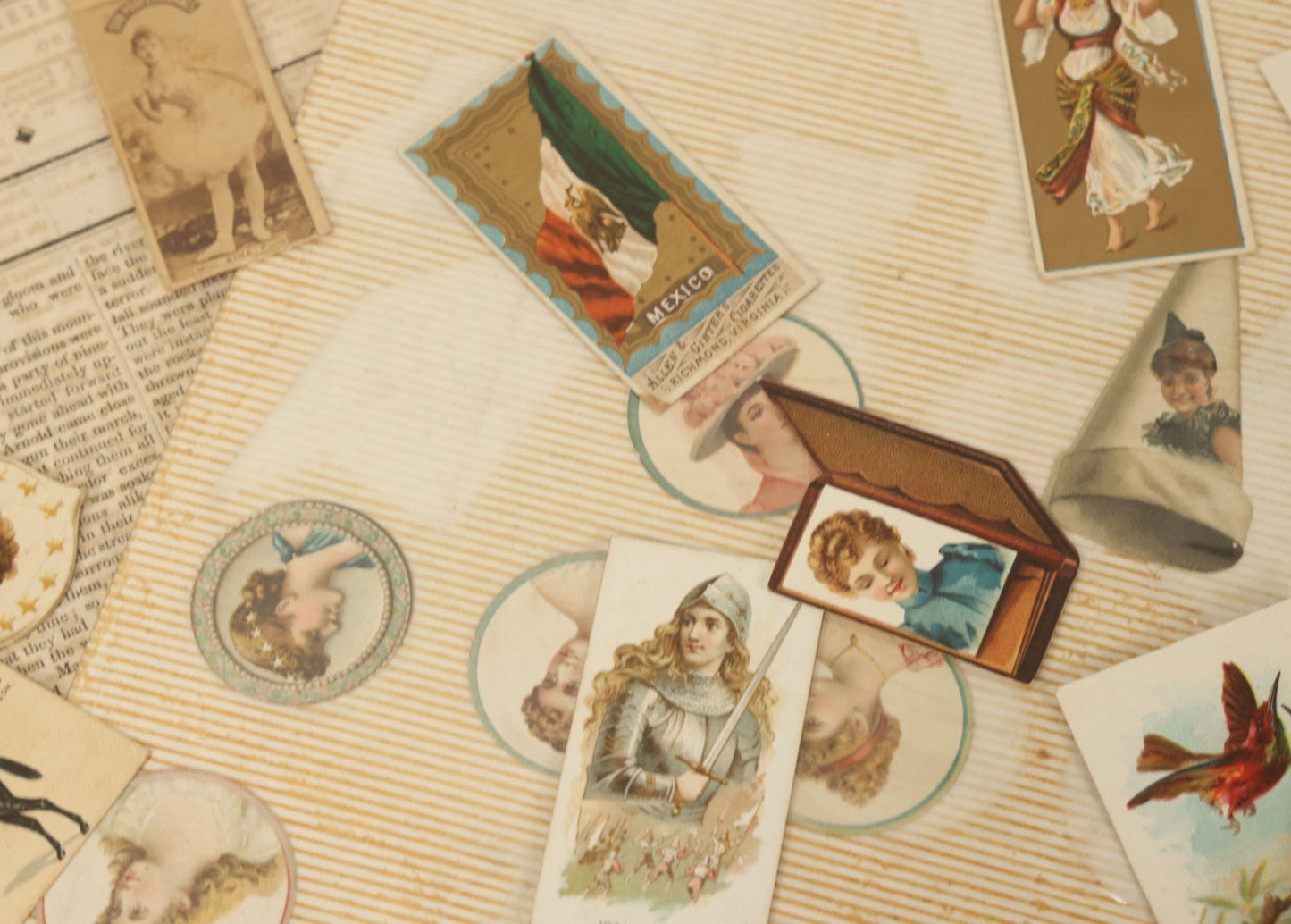 Lot 142 - Grouping Of Mixed Antique Ephemera As Found Including Early Hand Colored Winter Engraving, Friends' Reading Room Association Card, Numerous Tobacco Cards, Die Cuts, Etc., Approximately 35+ Pieces