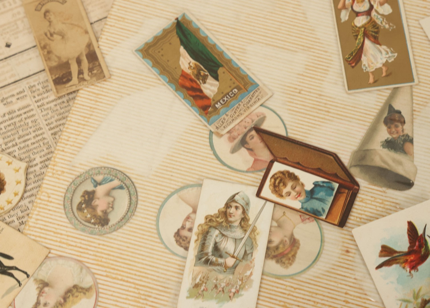 Lot 142 - Grouping Of Mixed Antique Ephemera As Found Including Early Hand Colored Winter Engraving, Friends' Reading Room Association Card, Numerous Tobacco Cards, Die Cuts, Etc., Approximately 35+ Pieces