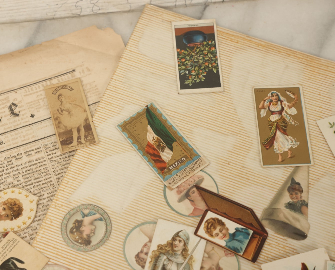 Lot 142 - Grouping Of Mixed Antique Ephemera As Found Including Early Hand Colored Winter Engraving, Friends' Reading Room Association Card, Numerous Tobacco Cards, Die Cuts, Etc., Approximately 35+ Pieces