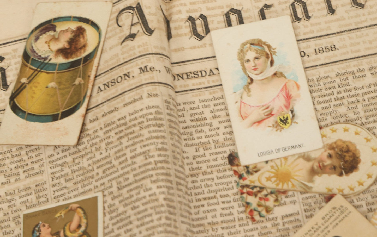 Lot 142 - Grouping Of Mixed Antique Ephemera As Found Including Early Hand Colored Winter Engraving, Friends' Reading Room Association Card, Numerous Tobacco Cards, Die Cuts, Etc., Approximately 35+ Pieces