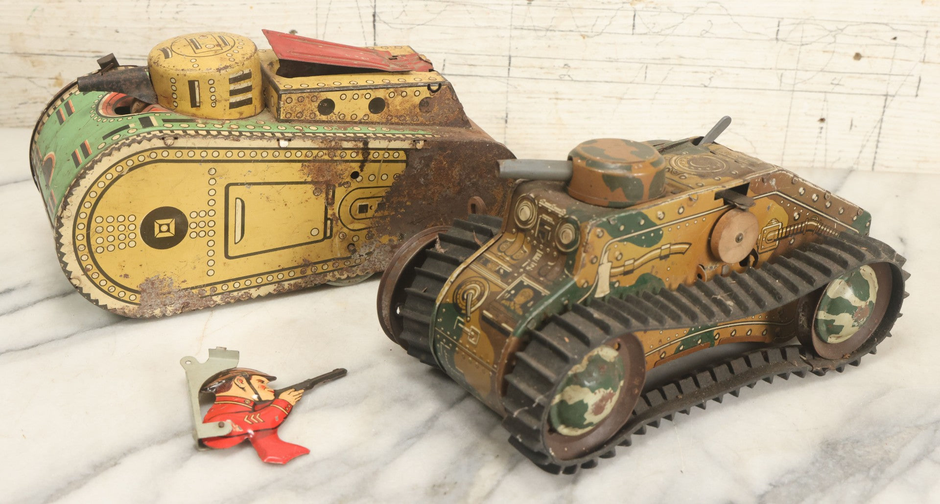 Lot 020 - Pair Of Vintage Tin Lithograph Toy Tanks Manufactured By Marx Toys, Fair Condition, Both Have Damage