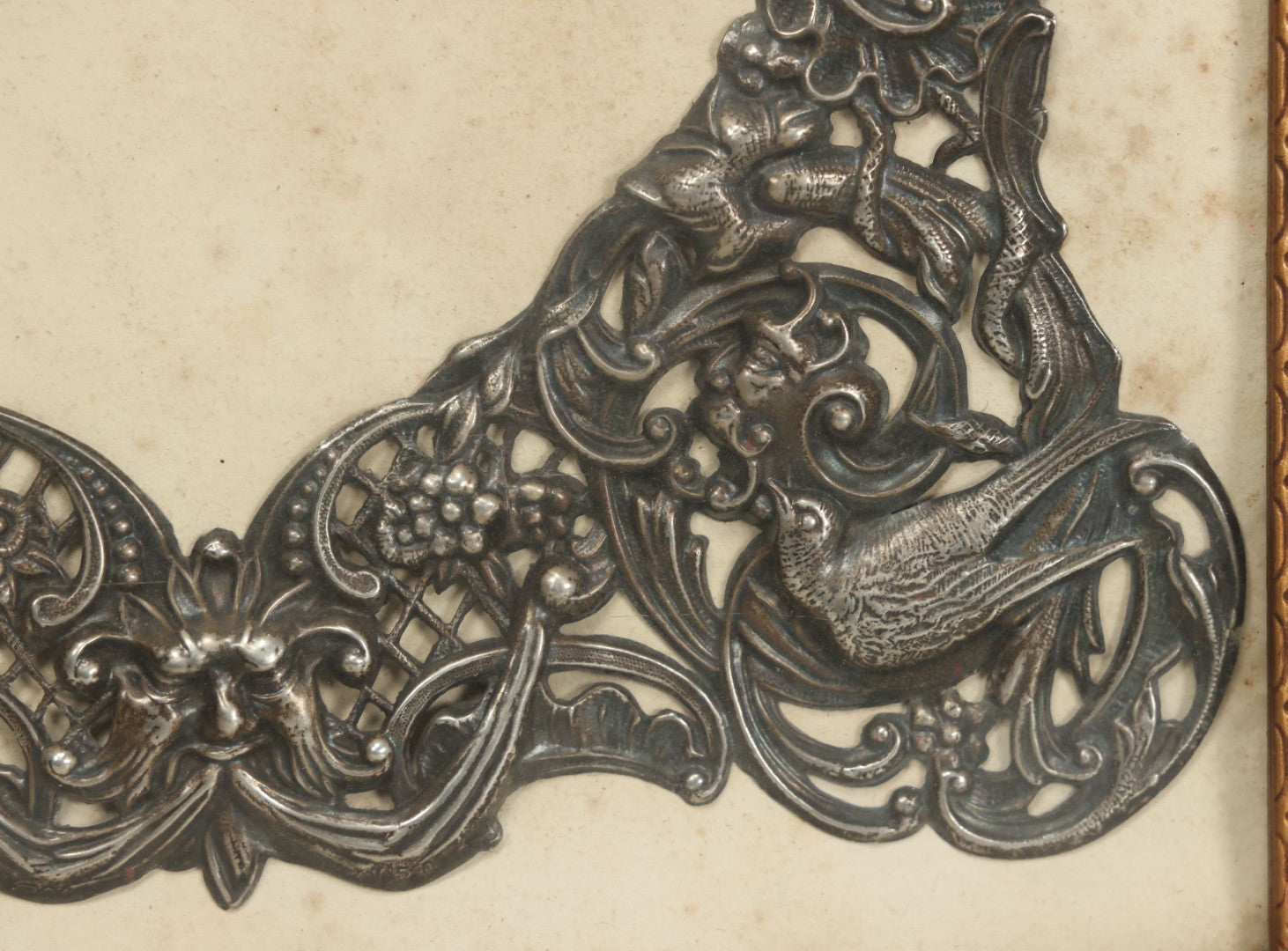 Lot 022 - Antique Sterling Silver Repoussé Gothic Revival Art Nouveau Frame Front With Numerous Green Man Motifs, Framed Behind Glass, Approximately 2.8 Troy Ounces