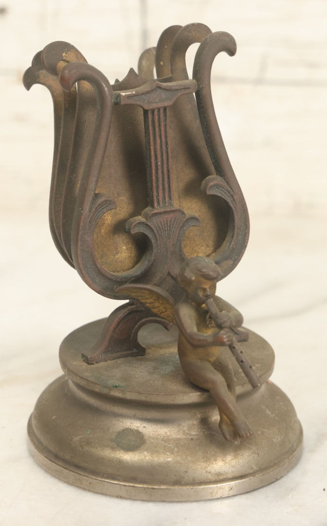 Lot 023 - Antique Figural Sheet Music Or Letter Holder With Cherub Playing Flute Motif, Cast Spelter / Brass