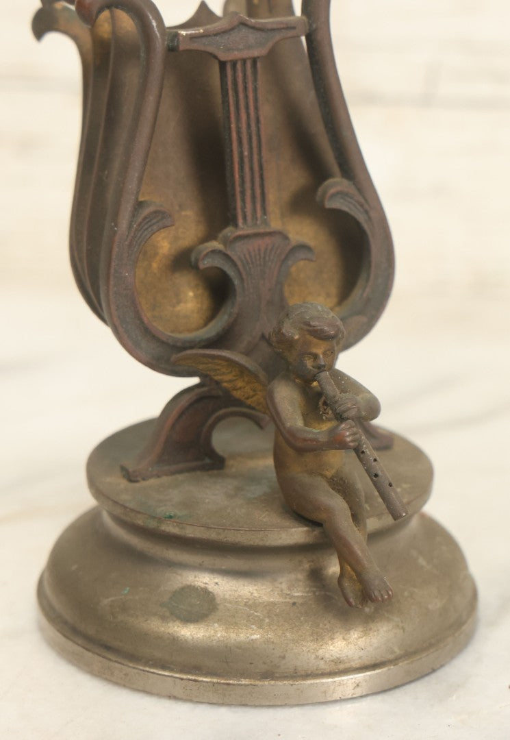 Lot 023 - Antique Figural Sheet Music Or Letter Holder With Cherub Playing Flute Motif, Cast Spelter / Brass