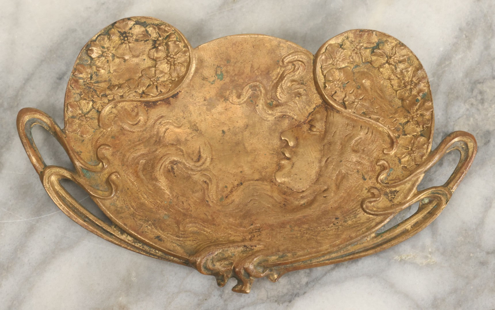 Lot 025 - Antique Cast Brass Art Nouveau Trinket Tray With Blissful Woman In Profile, Long Flowing Hair