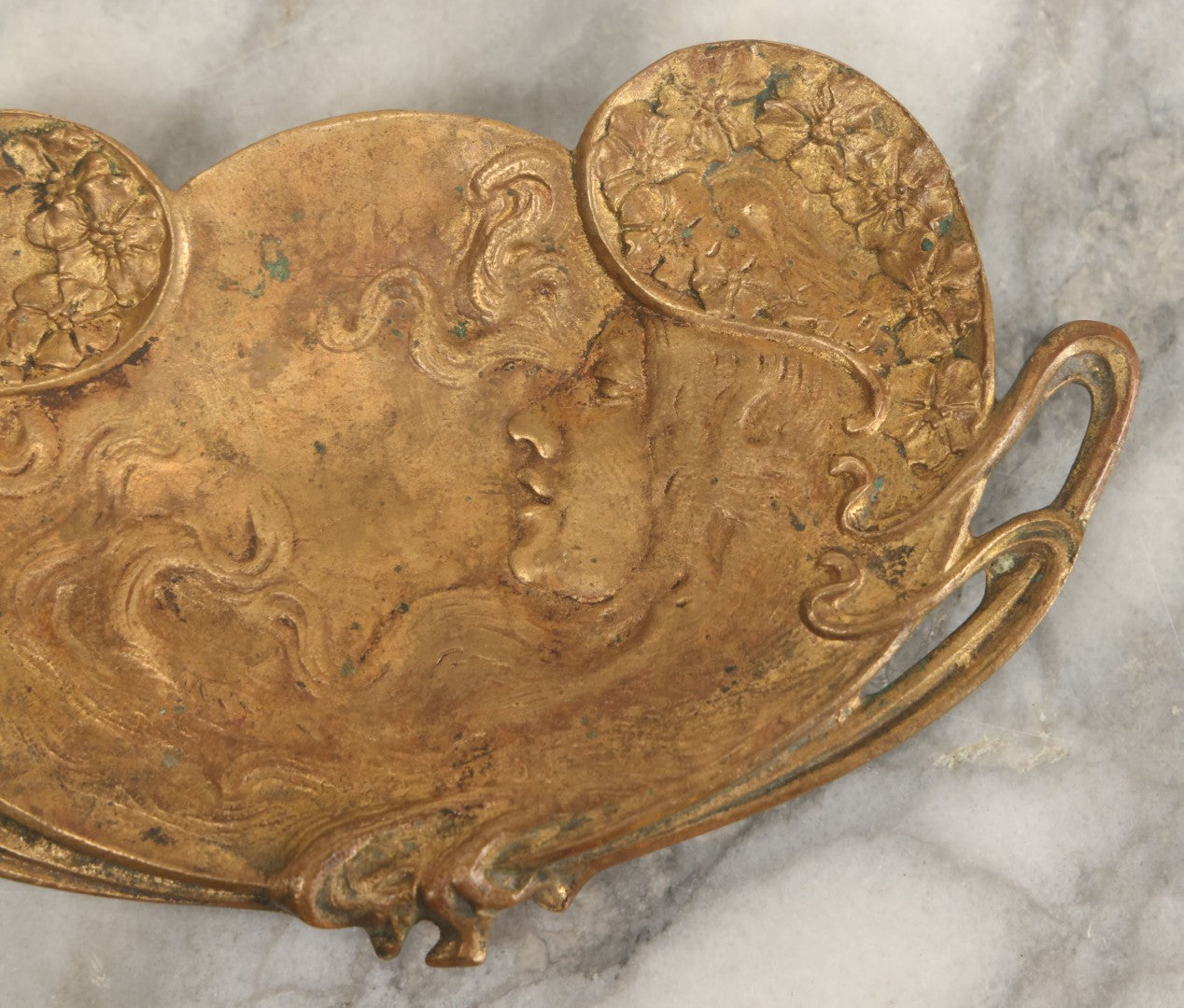 Lot 025 - Antique Cast Brass Art Nouveau Trinket Tray With Blissful Woman In Profile, Long Flowing Hair