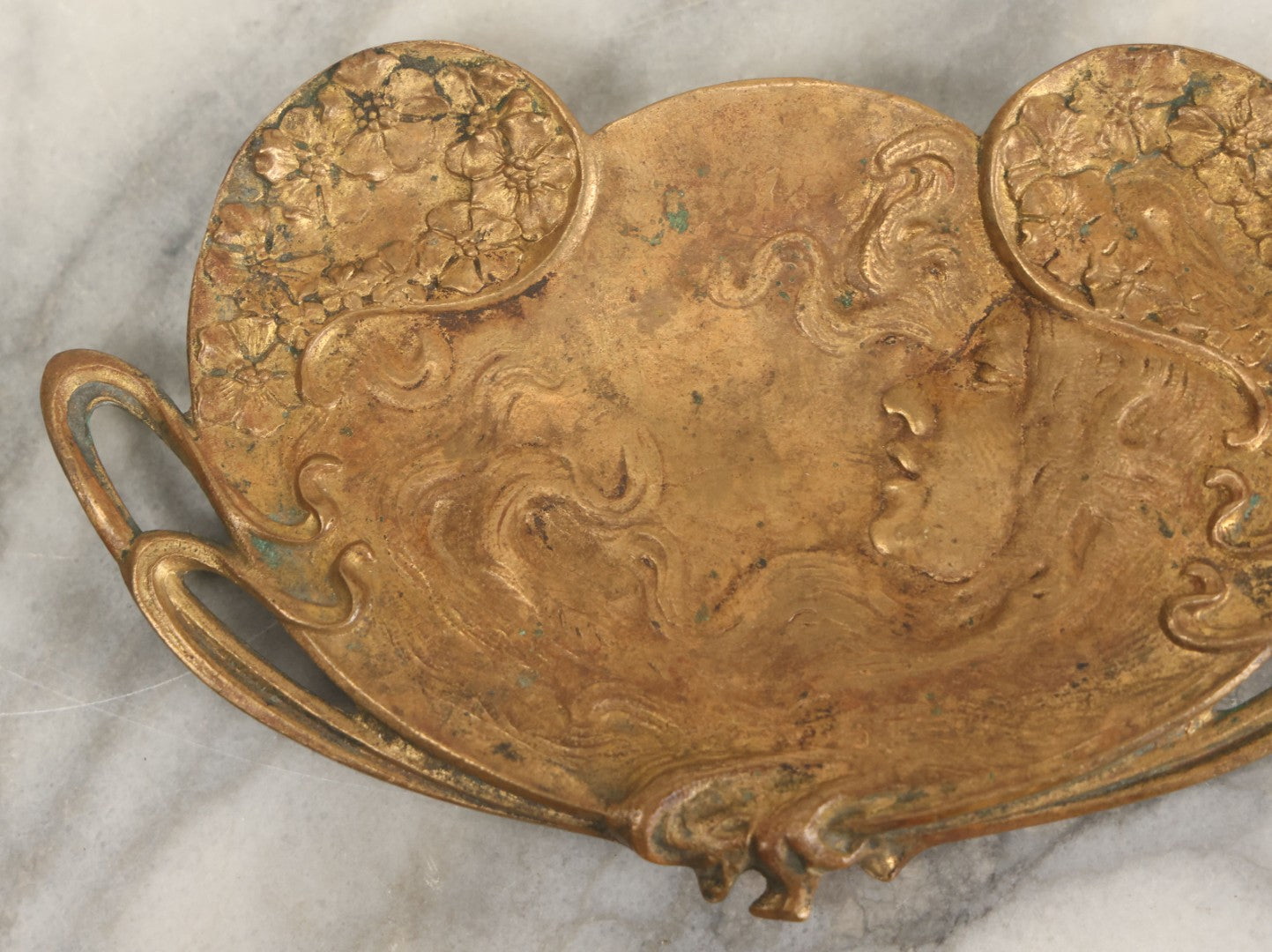 Lot 025 - Antique Cast Brass Art Nouveau Trinket Tray With Blissful Woman In Profile, Long Flowing Hair