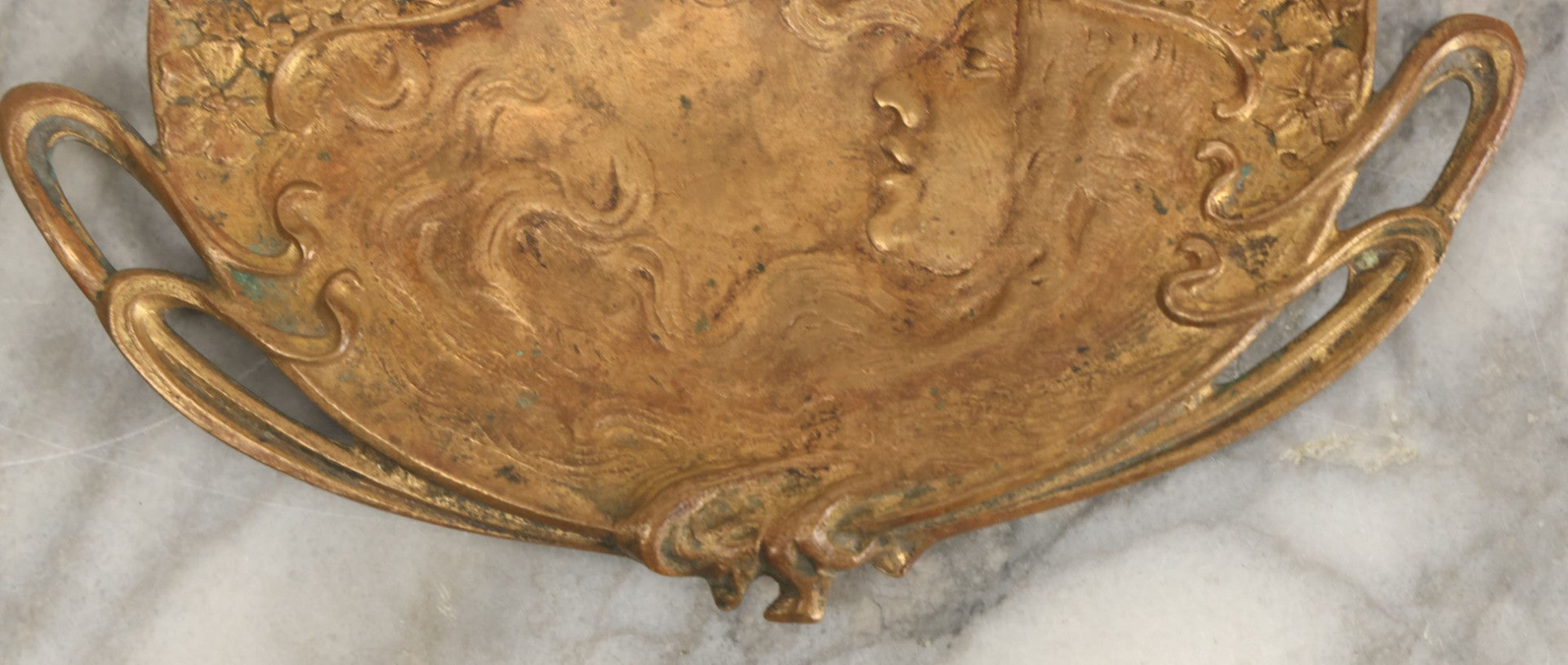 Lot 025 - Antique Cast Brass Art Nouveau Trinket Tray With Blissful Woman In Profile, Long Flowing Hair