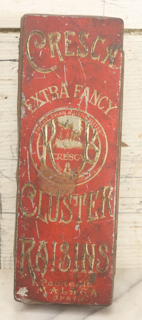 Lot 026 - Antique Reiss & Brady Cresca Extra Fancy Cluster Raisins Embossed Tin, New York And Bordeaux, Packed In Malaga Spain, 