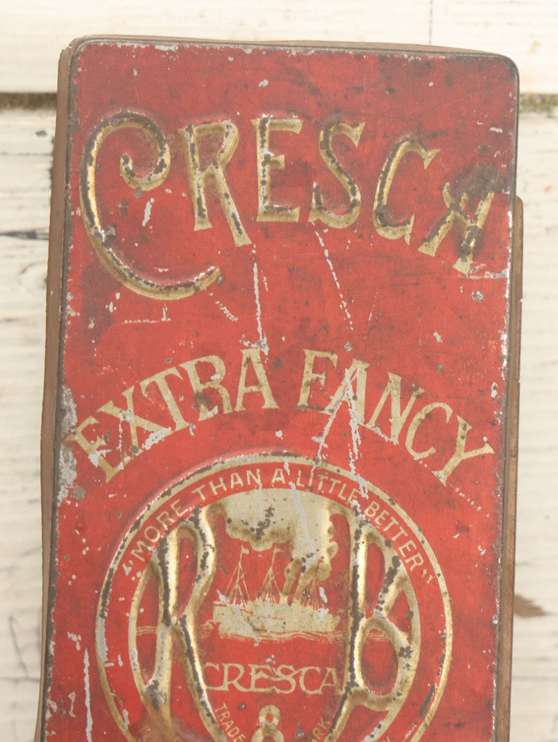 Lot 026 - Antique Reiss & Brady Cresca Extra Fancy Cluster Raisins Embossed Tin, New York And Bordeaux, Packed In Malaga Spain, 