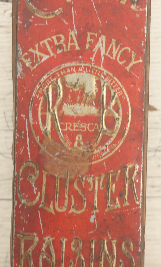 Lot 026 - Antique Reiss & Brady Cresca Extra Fancy Cluster Raisins Embossed Tin, New York And Bordeaux, Packed In Malaga Spain, 