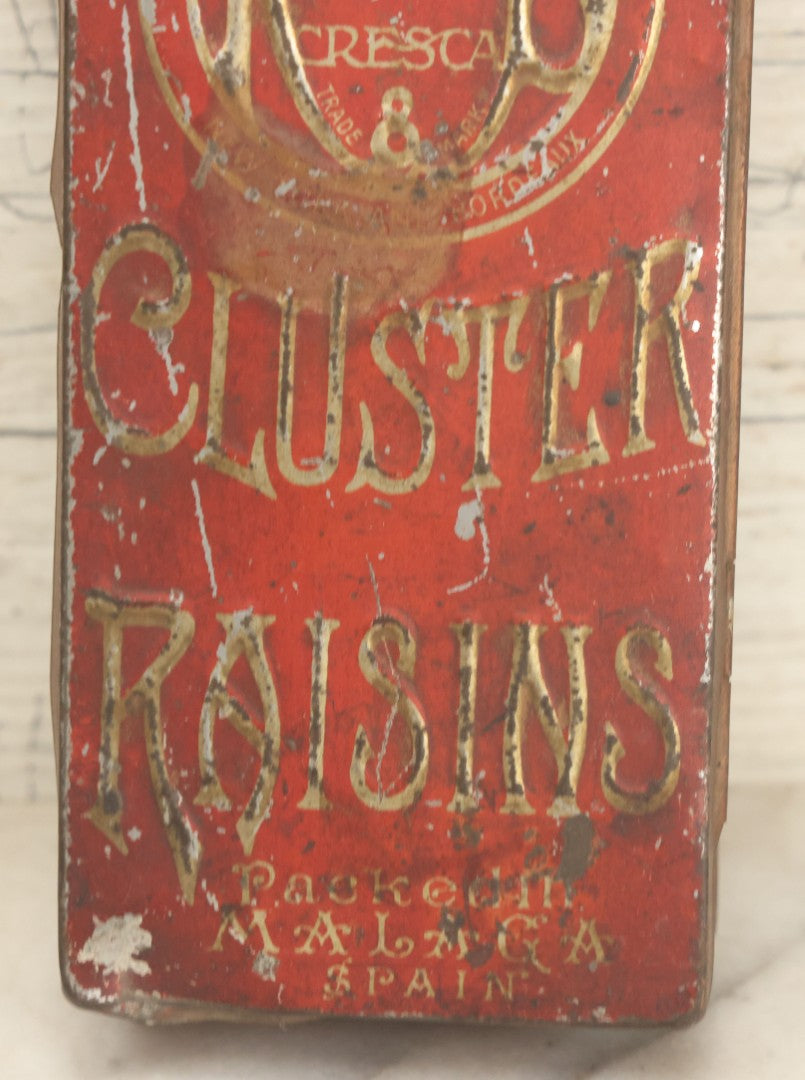 Lot 026 - Antique Reiss & Brady Cresca Extra Fancy Cluster Raisins Embossed Tin, New York And Bordeaux, Packed In Malaga Spain, 