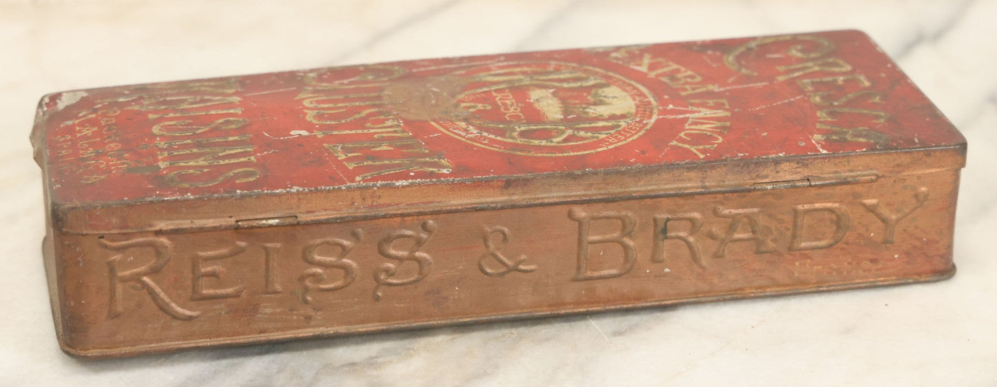 Lot 026 - Antique Reiss & Brady Cresca Extra Fancy Cluster Raisins Embossed Tin, New York And Bordeaux, Packed In Malaga Spain, 