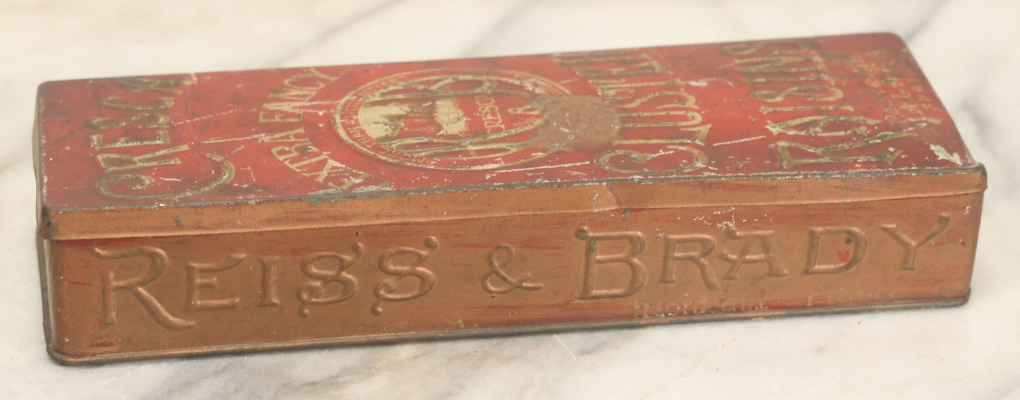 Lot 026 - Antique Reiss & Brady Cresca Extra Fancy Cluster Raisins Embossed Tin, New York And Bordeaux, Packed In Malaga Spain, 