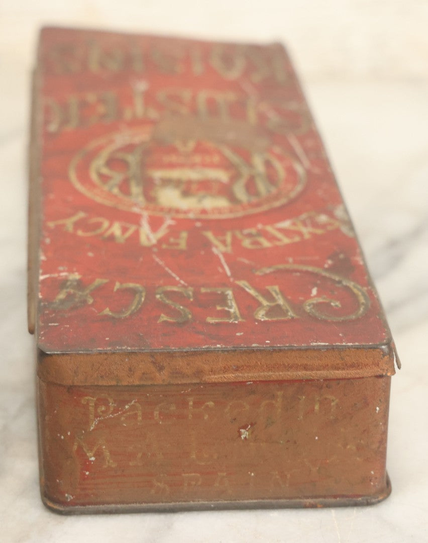 Lot 026 - Antique Reiss & Brady Cresca Extra Fancy Cluster Raisins Embossed Tin, New York And Bordeaux, Packed In Malaga Spain, 