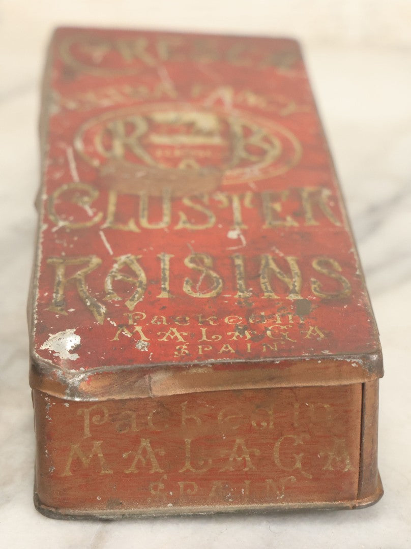 Lot 026 - Antique Reiss & Brady Cresca Extra Fancy Cluster Raisins Embossed Tin, New York And Bordeaux, Packed In Malaga Spain, 
