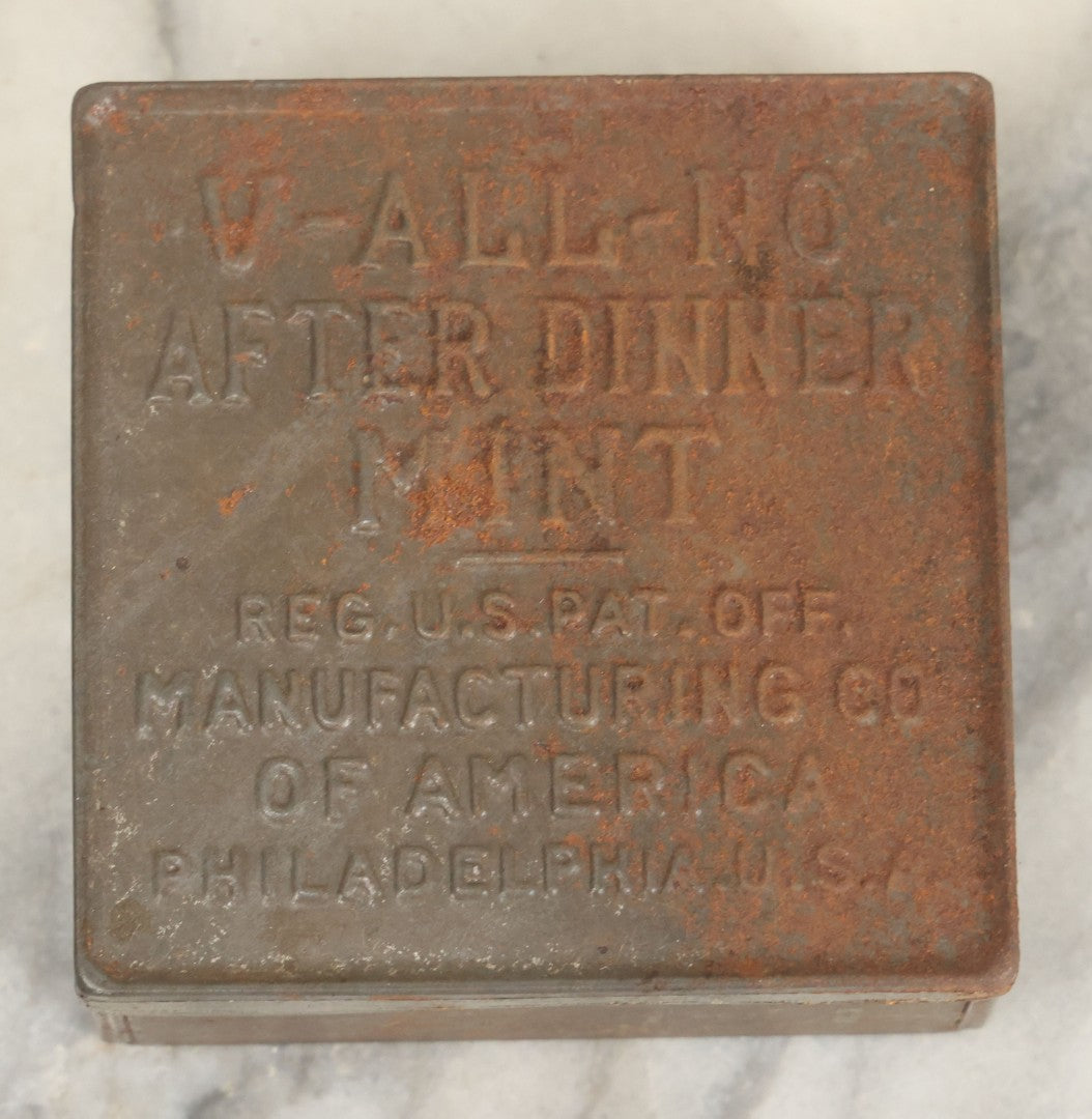 Lot 027 - Antique V-All-No After Dinner Mint Embossed Tin, Manufacturing Co. Of America, Philadelphia, U.S.A.