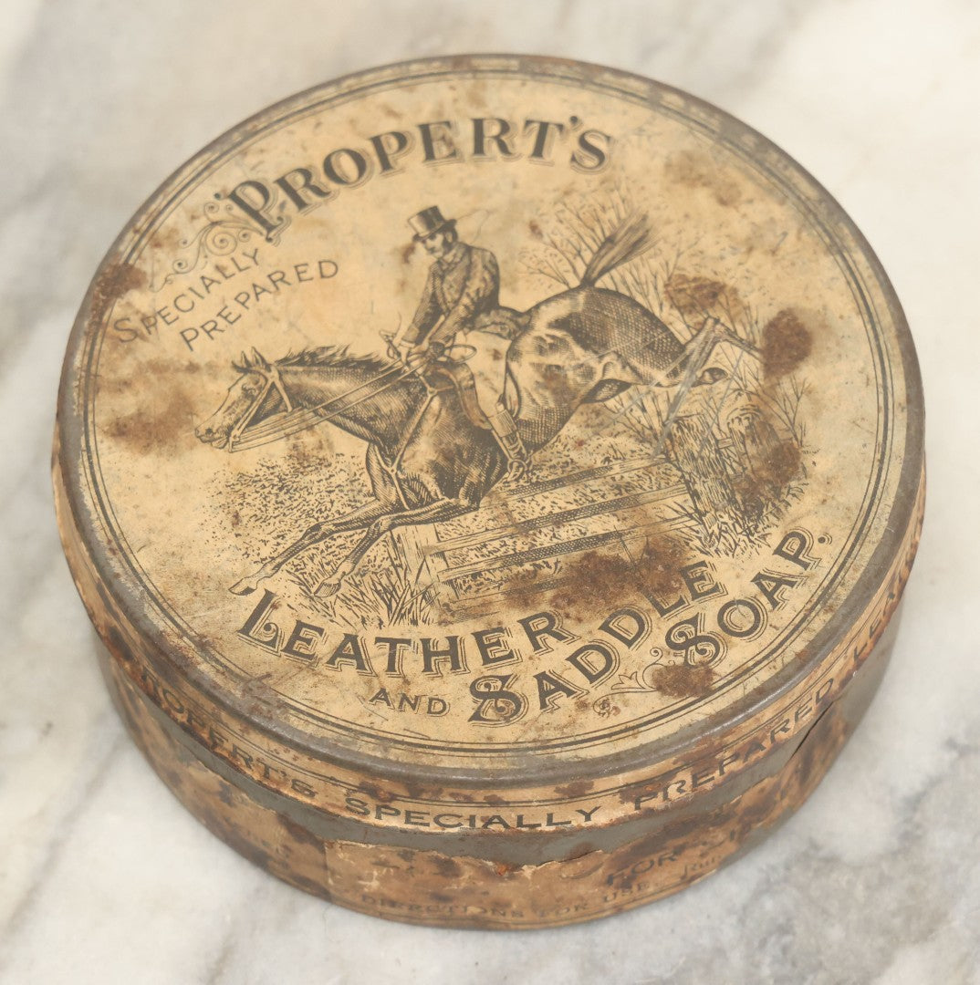 Lot 028 - Antique Propert's Specially Prepared Leather And Saddle Soap Tin With Partial Paper Label