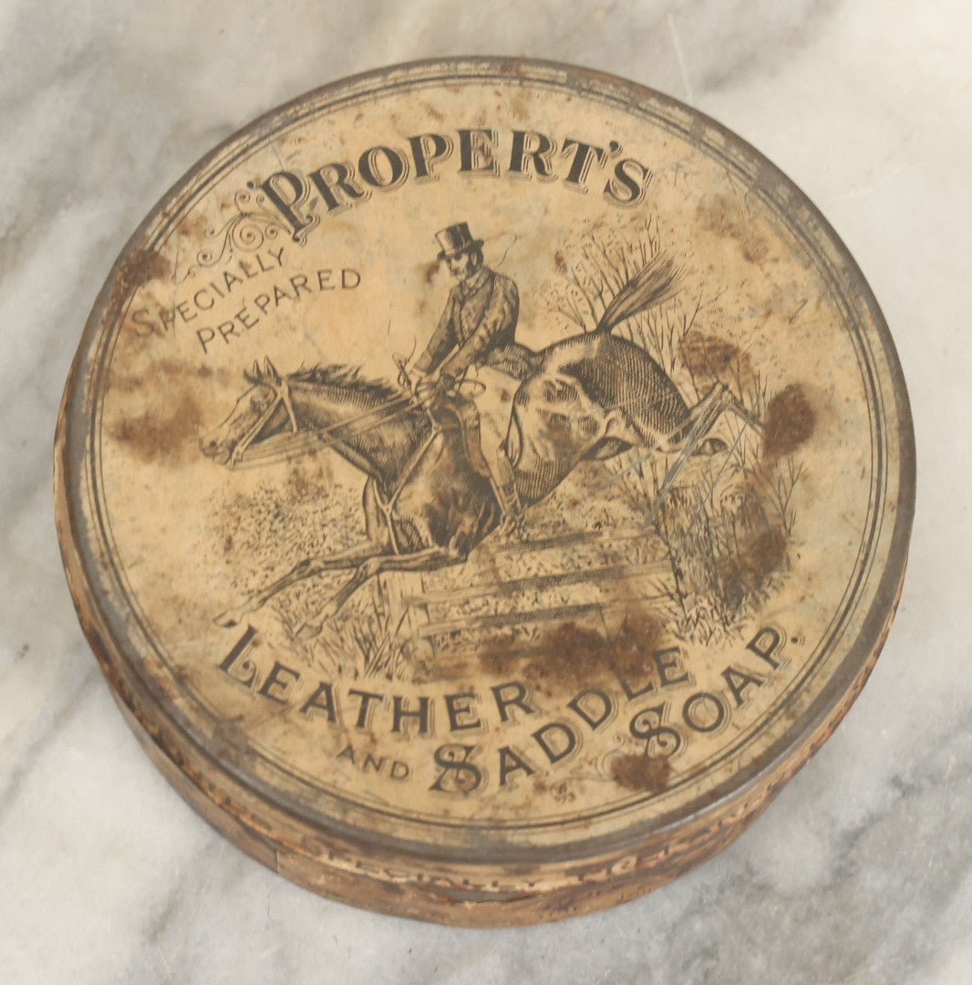 Lot 028 - Antique Propert's Specially Prepared Leather And Saddle Soap Tin With Partial Paper Label