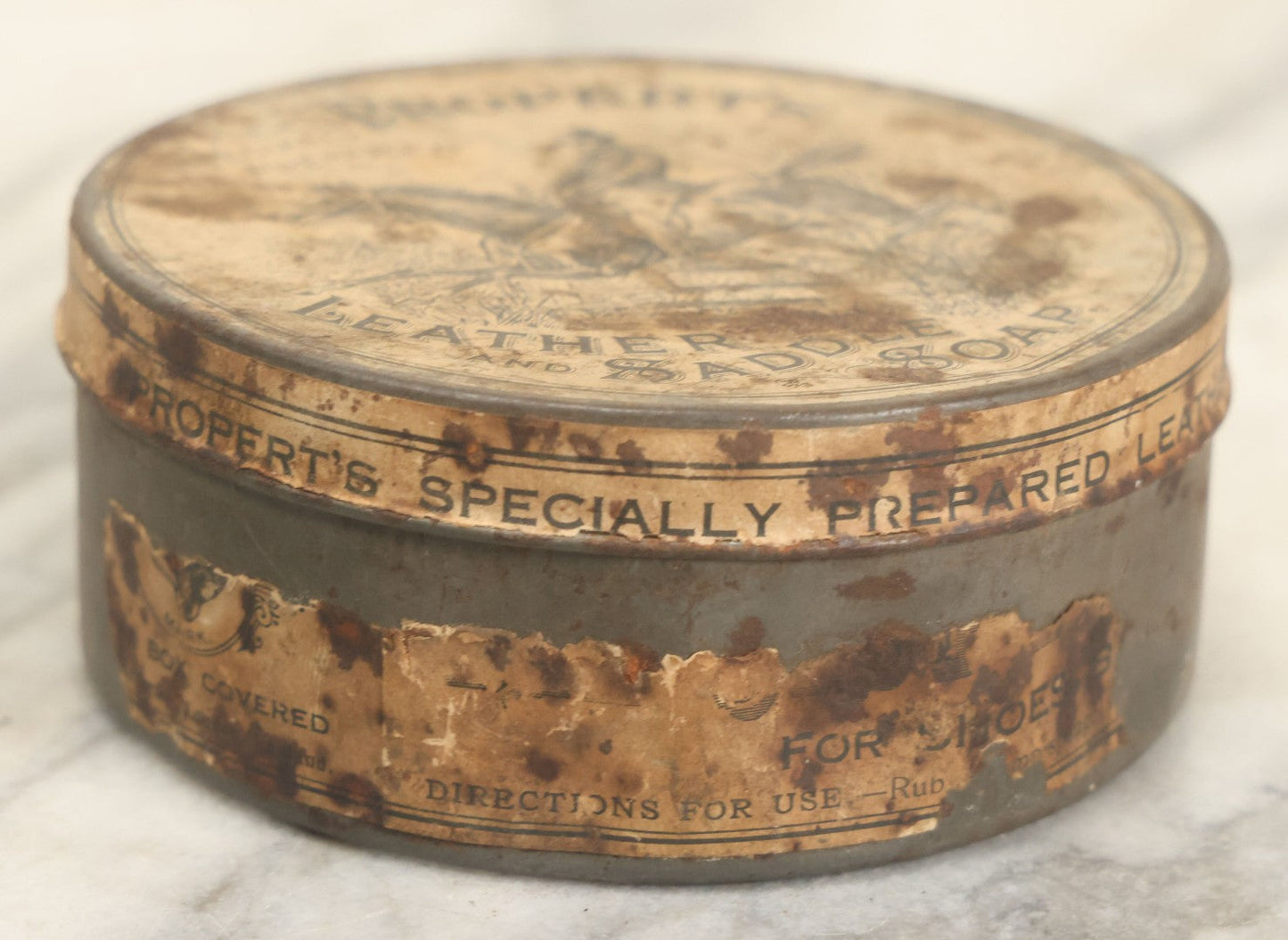 Lot 028 - Antique Propert's Specially Prepared Leather And Saddle Soap Tin With Partial Paper Label
