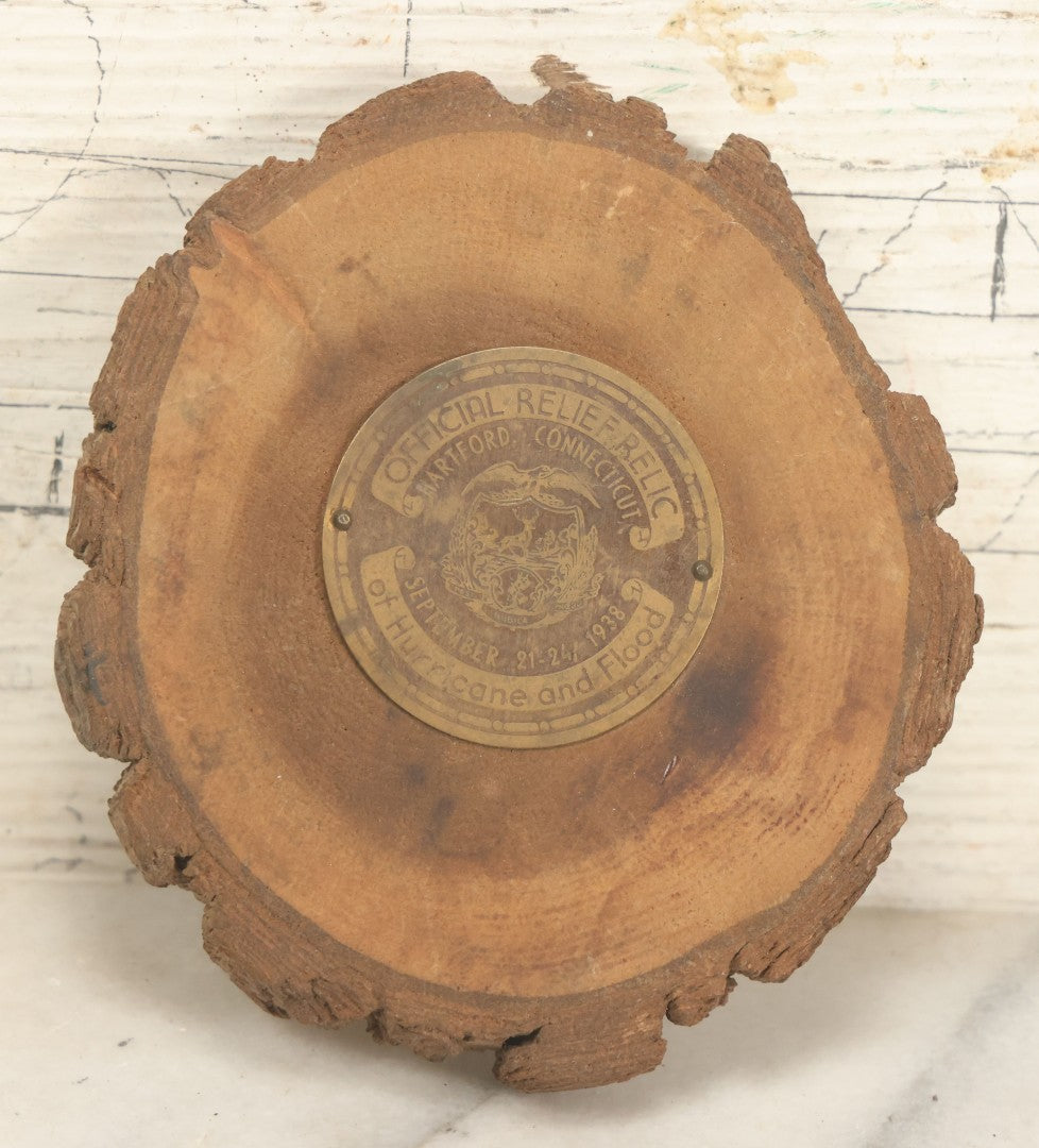Lot 030 - Vintage Official Relief Relic Of Hurricane And Flood, September 21-24, 1938, Hartford Connecticut, Wooden Coaster With Nailed Metal Plaque