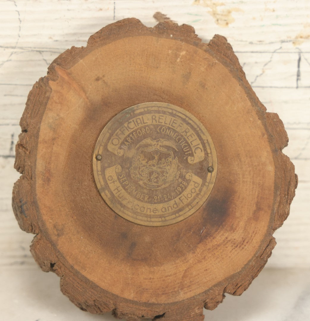 Lot 030 - Vintage Official Relief Relic Of Hurricane And Flood, September 21-24, 1938, Hartford Connecticut, Wooden Coaster With Nailed Metal Plaque