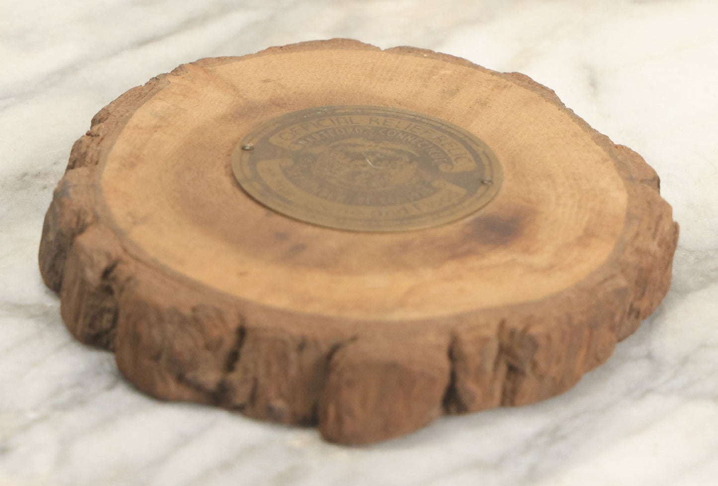 Lot 030 - Vintage Official Relief Relic Of Hurricane And Flood, September 21-24, 1938, Hartford Connecticut, Wooden Coaster With Nailed Metal Plaque