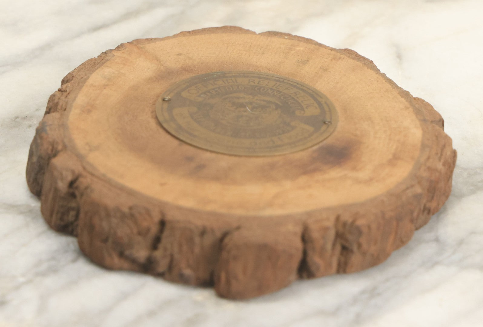 Lot 030 - Vintage Official Relief Relic Of Hurricane And Flood, September 21-24, 1938, Hartford Connecticut, Wooden Coaster With Nailed Metal Plaque