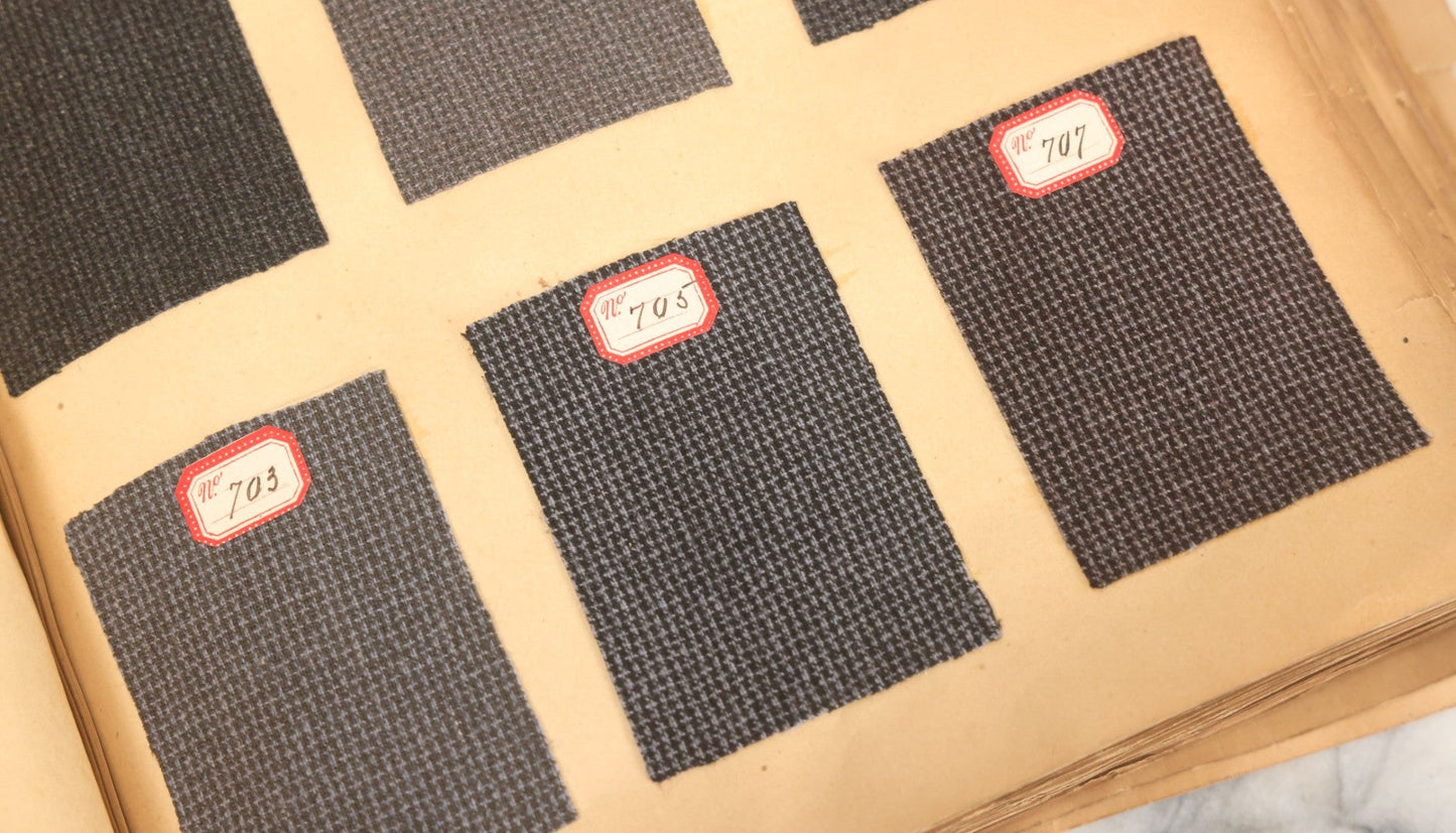 Lot 032 - Antique Sample Fabric Wool Swatch Book From Calumet Woolen Co., Styles No. 1195-1661 & Great River Woolen Co., Styles No. 1-1303, Containing Dozens Of Fabric Samples, Missing Front Cover, Dated 1894 