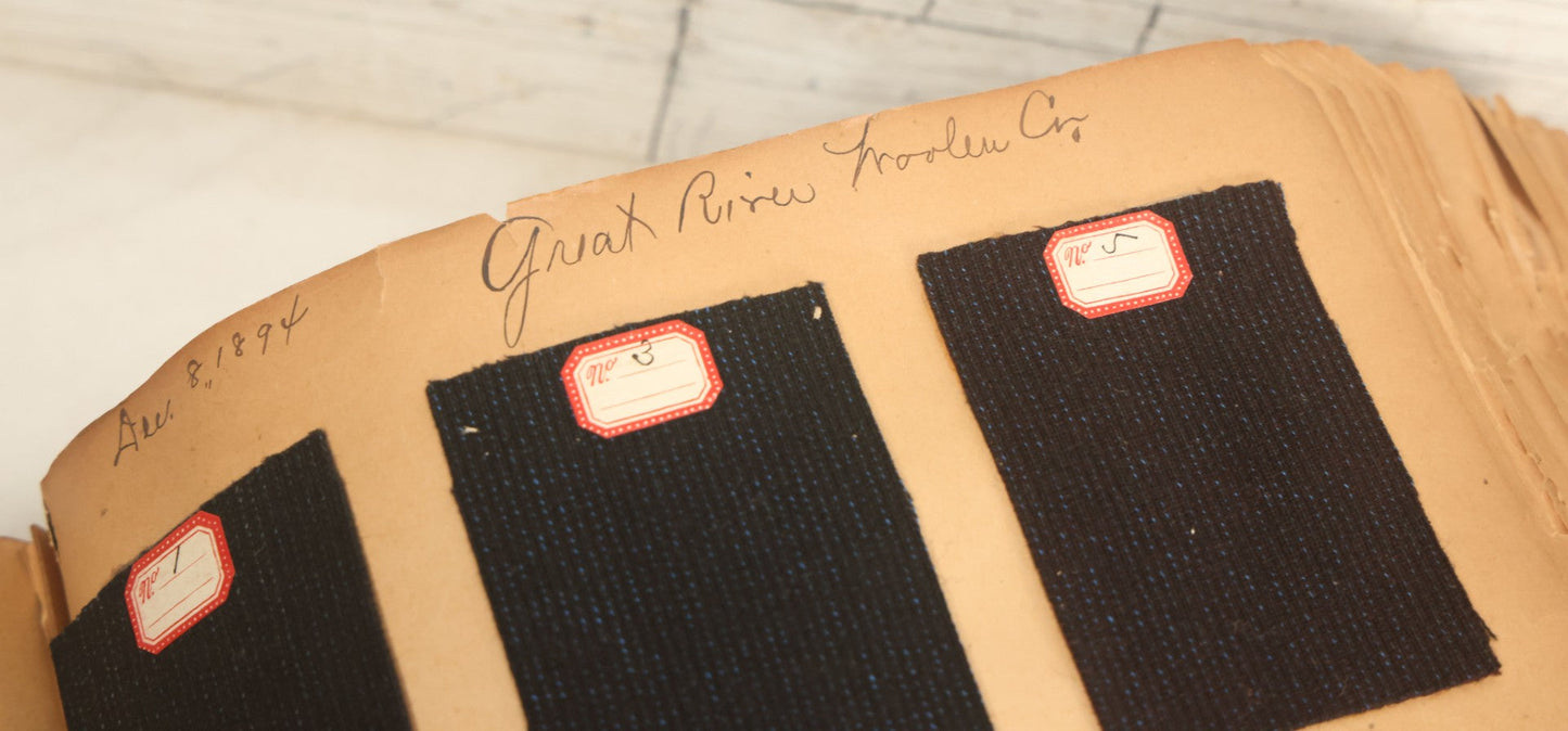 Lot 032 - Antique Sample Fabric Wool Swatch Book From Calumet Woolen Co., Styles No. 1195-1661 & Great River Woolen Co., Styles No. 1-1303, Containing Dozens Of Fabric Samples, Missing Front Cover, Dated 1894 