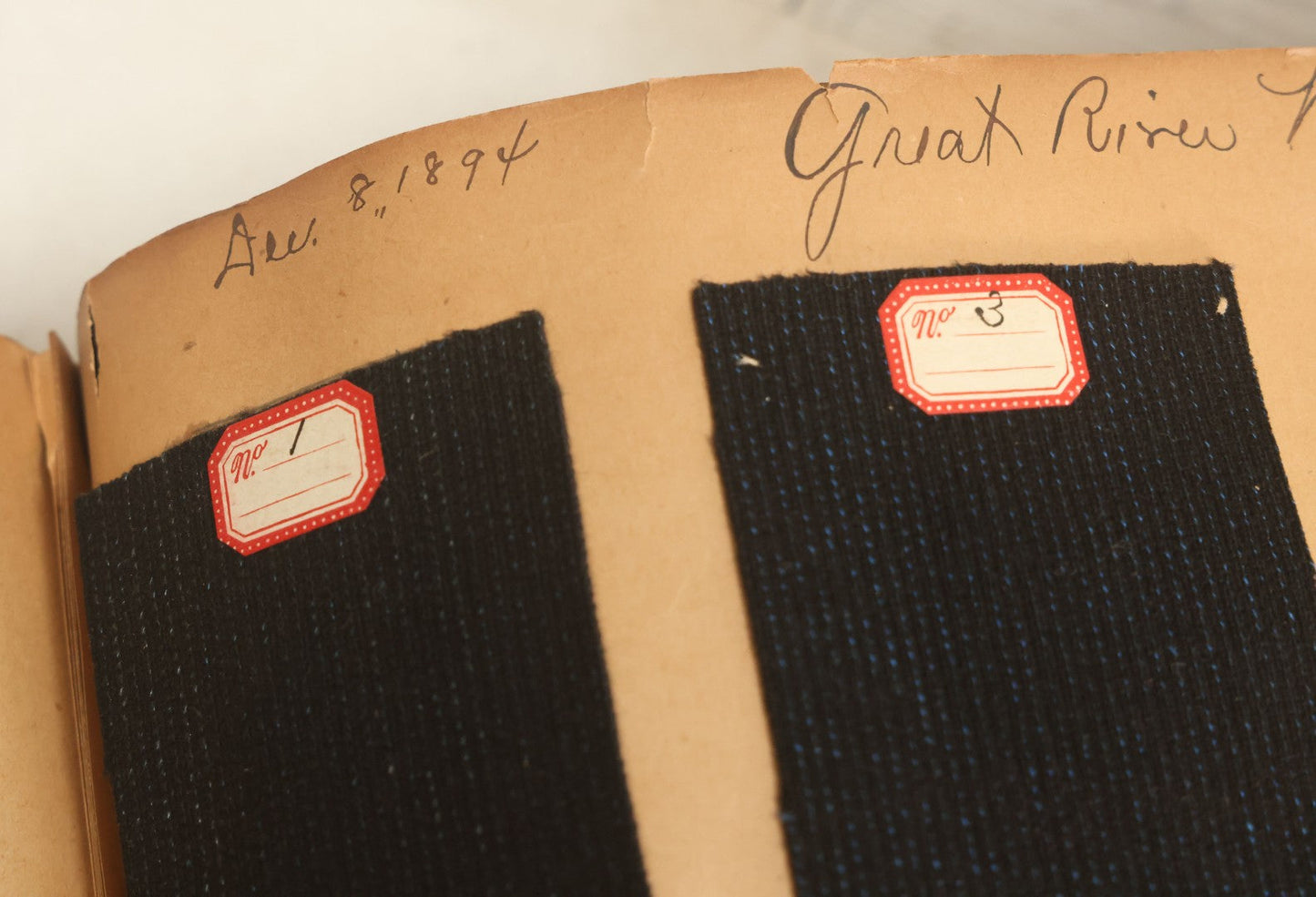 Lot 032 - Antique Sample Fabric Wool Swatch Book From Calumet Woolen Co., Styles No. 1195-1661 & Great River Woolen Co., Styles No. 1-1303, Containing Dozens Of Fabric Samples, Missing Front Cover, Dated 1894 