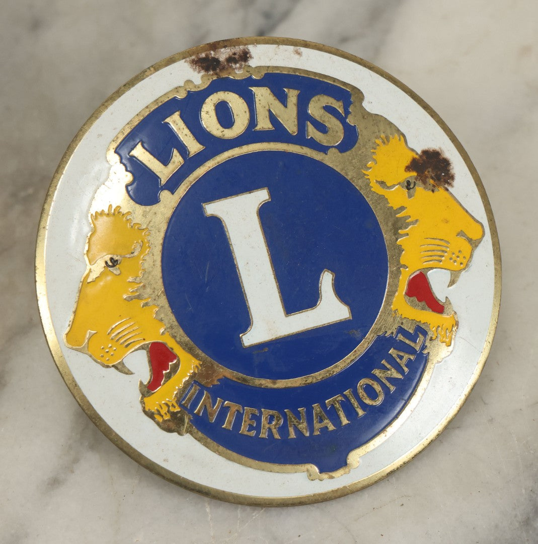 Lot 037 - Vintage Lions Club International Metal And Enamel License Plate Auto Car Badge