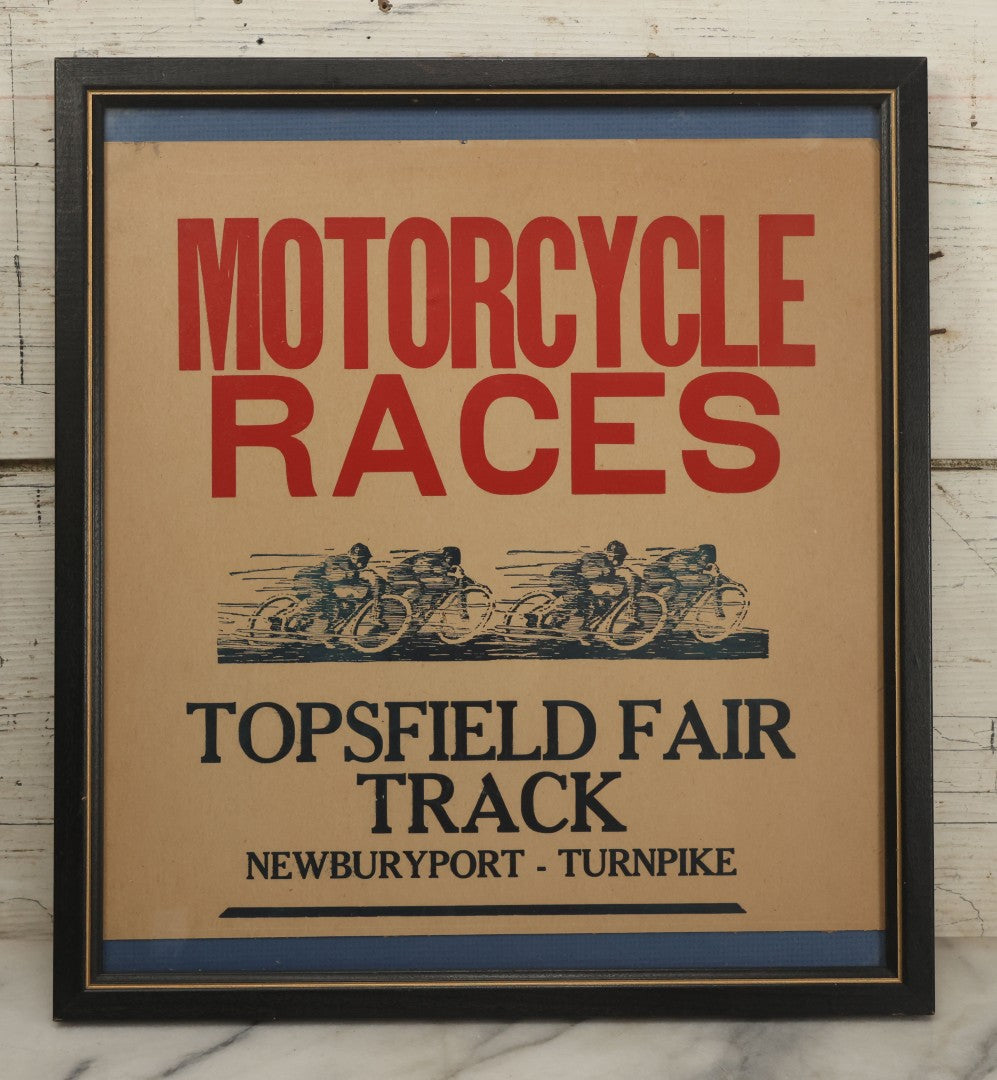 Lot 038 - Vintage Motorcycle Races Screen Printed Poster In Frame, Topsfield Fair Track, Newburyport Turnpike, Massachusetts, Circa 1980s, Trimmed