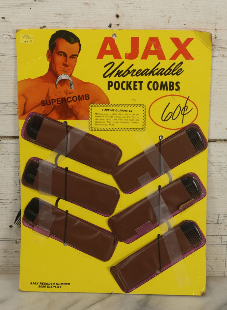 Lot 043 - Vintage Ajax Unbreakable Pocket Combs Supercomb Store Display With Nine Combs & Sleeves, Ajax Reorder Number 5050 Display, Double Sided A-Frame, Note Some Bonehead Put Tape All Over This