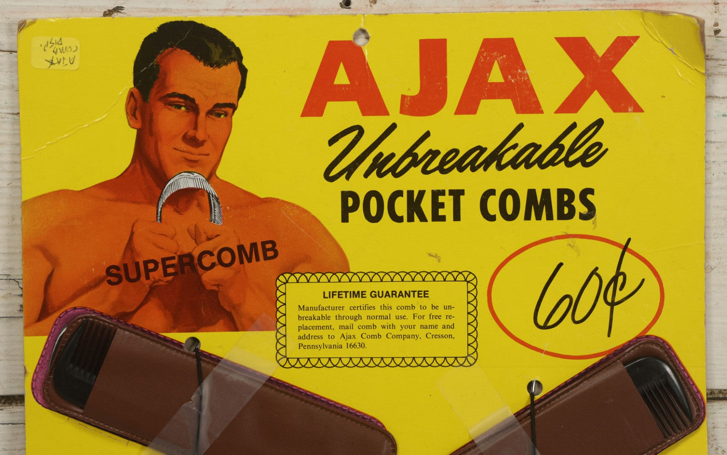Lot 043 - Vintage Ajax Unbreakable Pocket Combs Supercomb Store Display With Nine Combs & Sleeves, Ajax Reorder Number 5050 Display, Double Sided A-Frame, Note Some Bonehead Put Tape All Over This
