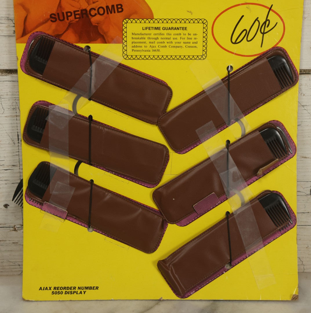 Lot 043 - Vintage Ajax Unbreakable Pocket Combs Supercomb Store Display With Nine Combs & Sleeves, Ajax Reorder Number 5050 Display, Double Sided A-Frame, Note Some Bonehead Put Tape All Over This