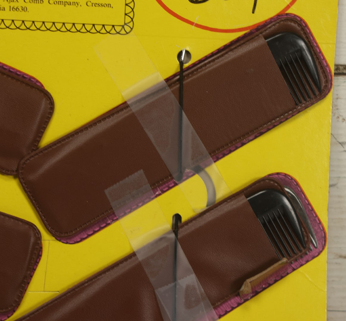 Lot 043 - Vintage Ajax Unbreakable Pocket Combs Supercomb Store Display With Nine Combs & Sleeves, Ajax Reorder Number 5050 Display, Double Sided A-Frame, Note Some Bonehead Put Tape All Over This