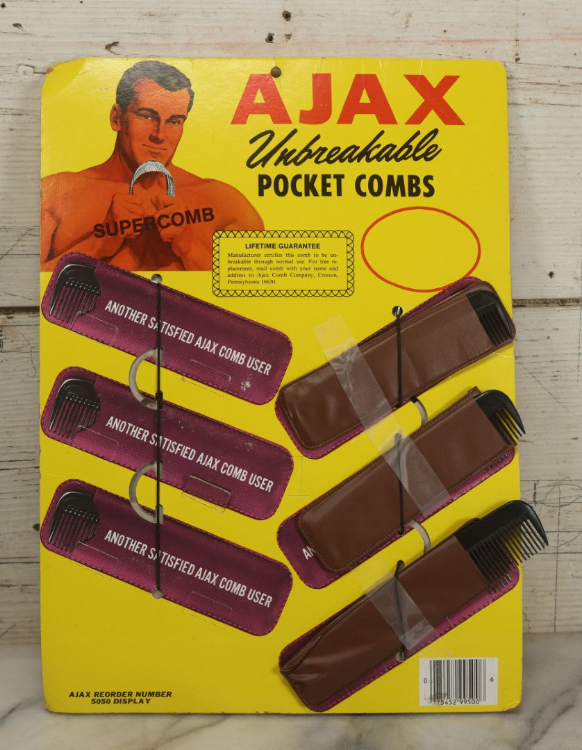 Lot 043 - Vintage Ajax Unbreakable Pocket Combs Supercomb Store Display With Nine Combs & Sleeves, Ajax Reorder Number 5050 Display, Double Sided A-Frame, Note Some Bonehead Put Tape All Over This