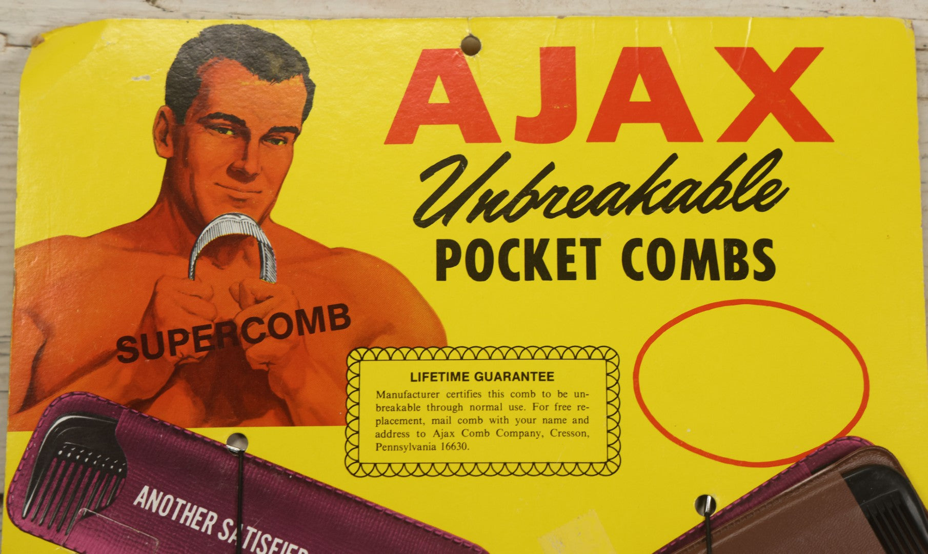 Lot 043 - Vintage Ajax Unbreakable Pocket Combs Supercomb Store Display With Nine Combs & Sleeves, Ajax Reorder Number 5050 Display, Double Sided A-Frame, Note Some Bonehead Put Tape All Over This