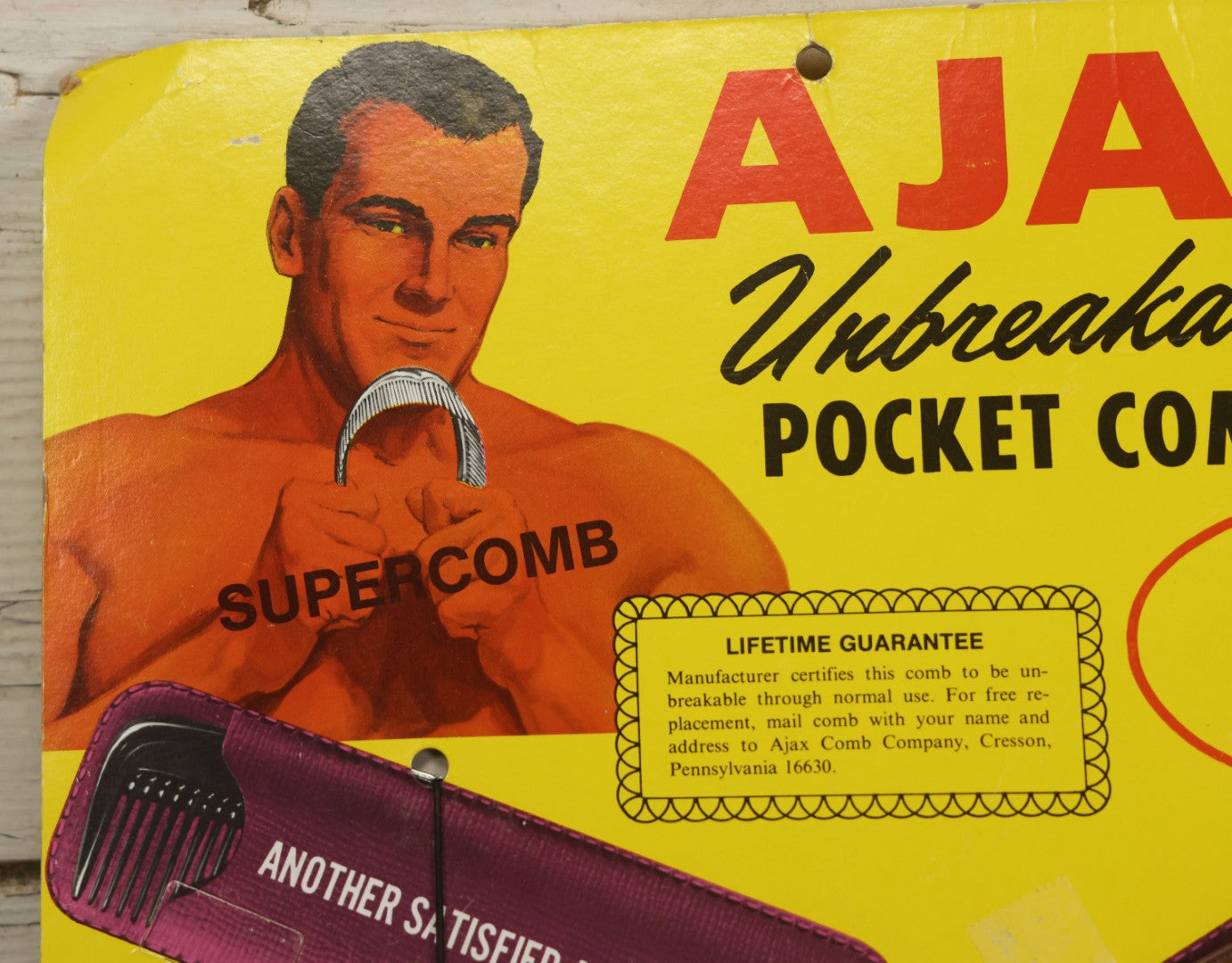 Lot 043 - Vintage Ajax Unbreakable Pocket Combs Supercomb Store Display With Nine Combs & Sleeves, Ajax Reorder Number 5050 Display, Double Sided A-Frame, Note Some Bonehead Put Tape All Over This