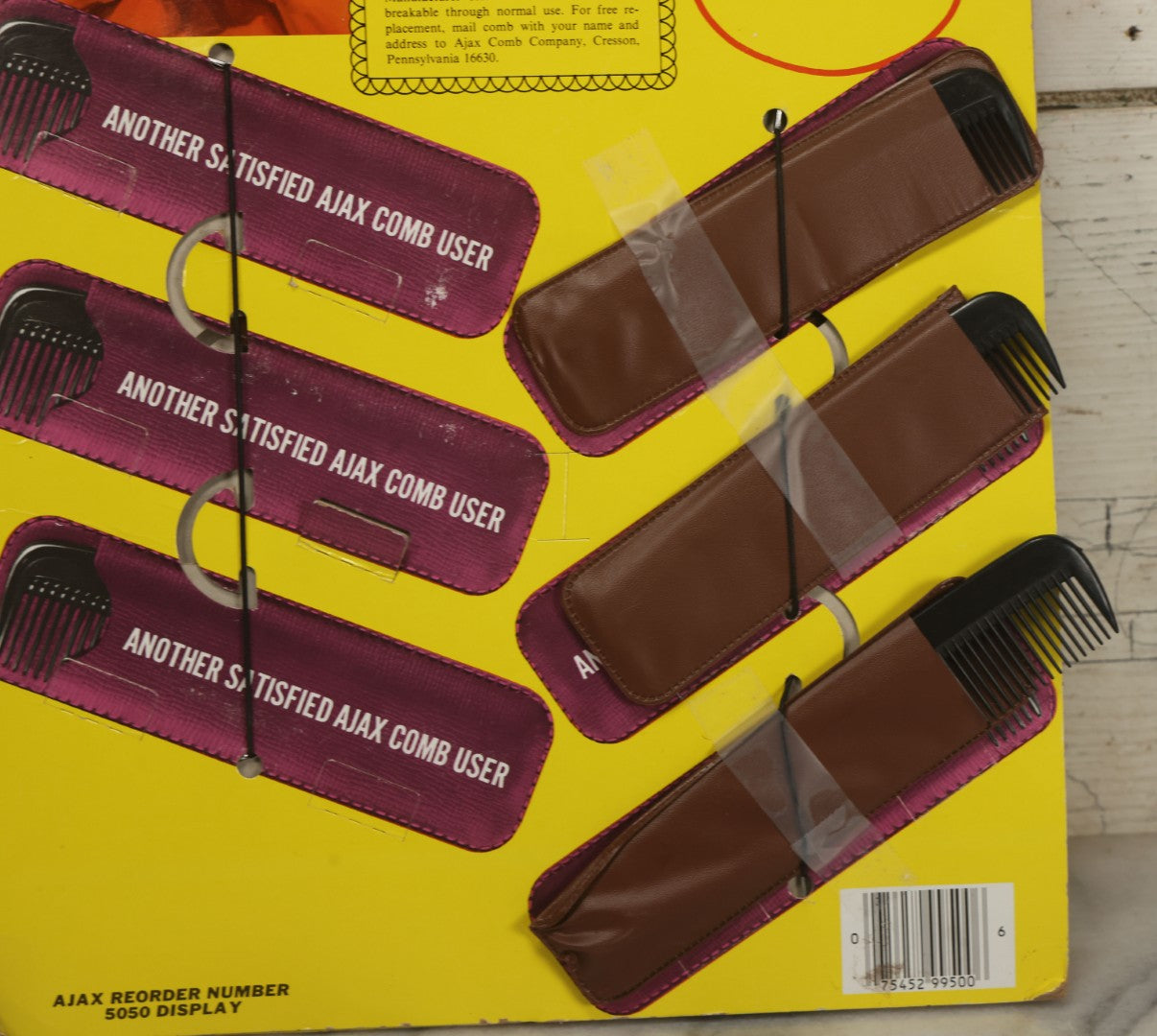 Lot 043 - Vintage Ajax Unbreakable Pocket Combs Supercomb Store Display With Nine Combs & Sleeves, Ajax Reorder Number 5050 Display, Double Sided A-Frame, Note Some Bonehead Put Tape All Over This