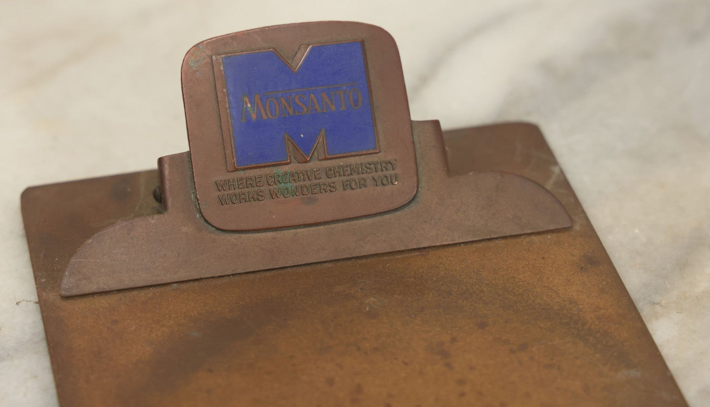 Lot 044 - Vintage Metal Monsanto Advertising Mini Clipboard, "Where Creative Chemistry Works Wonders For You," Felt Backing
