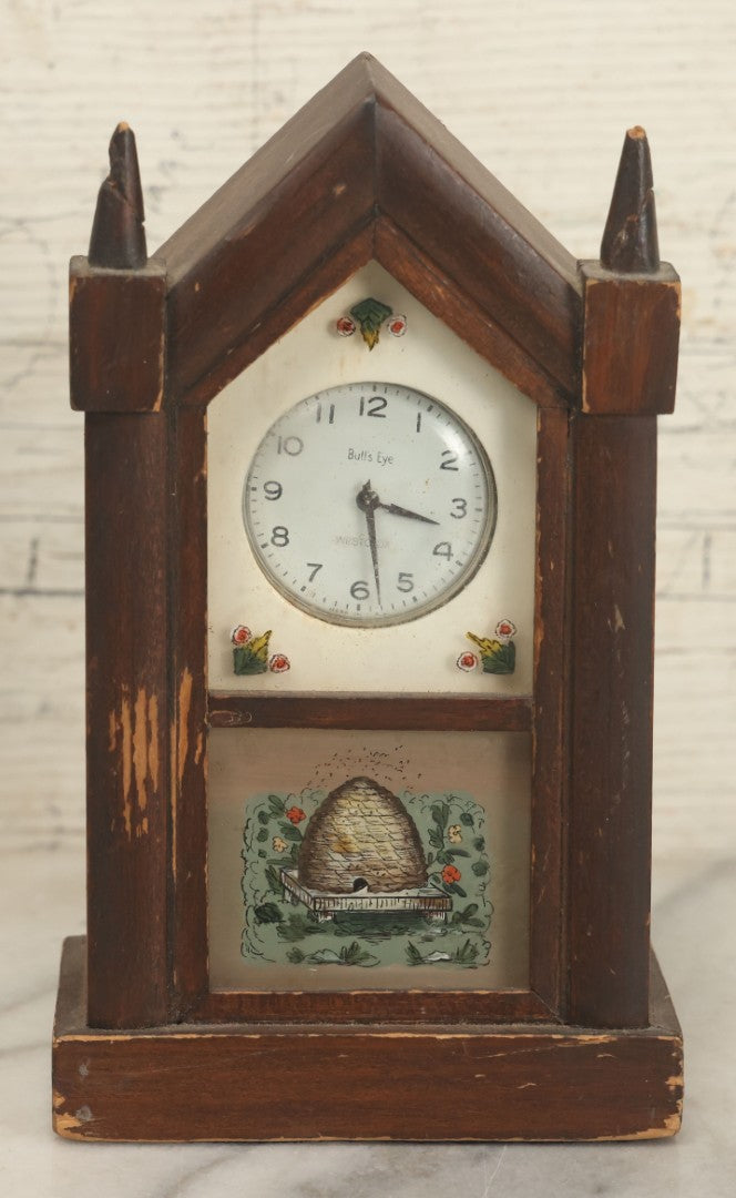Lot 045 - Vintage Steeple Clock Style Pocket Watch Display Holder With Westclox Bull's Eye Pocket Watch (Not Working), Beehive Motif, Identification, Dated 1960