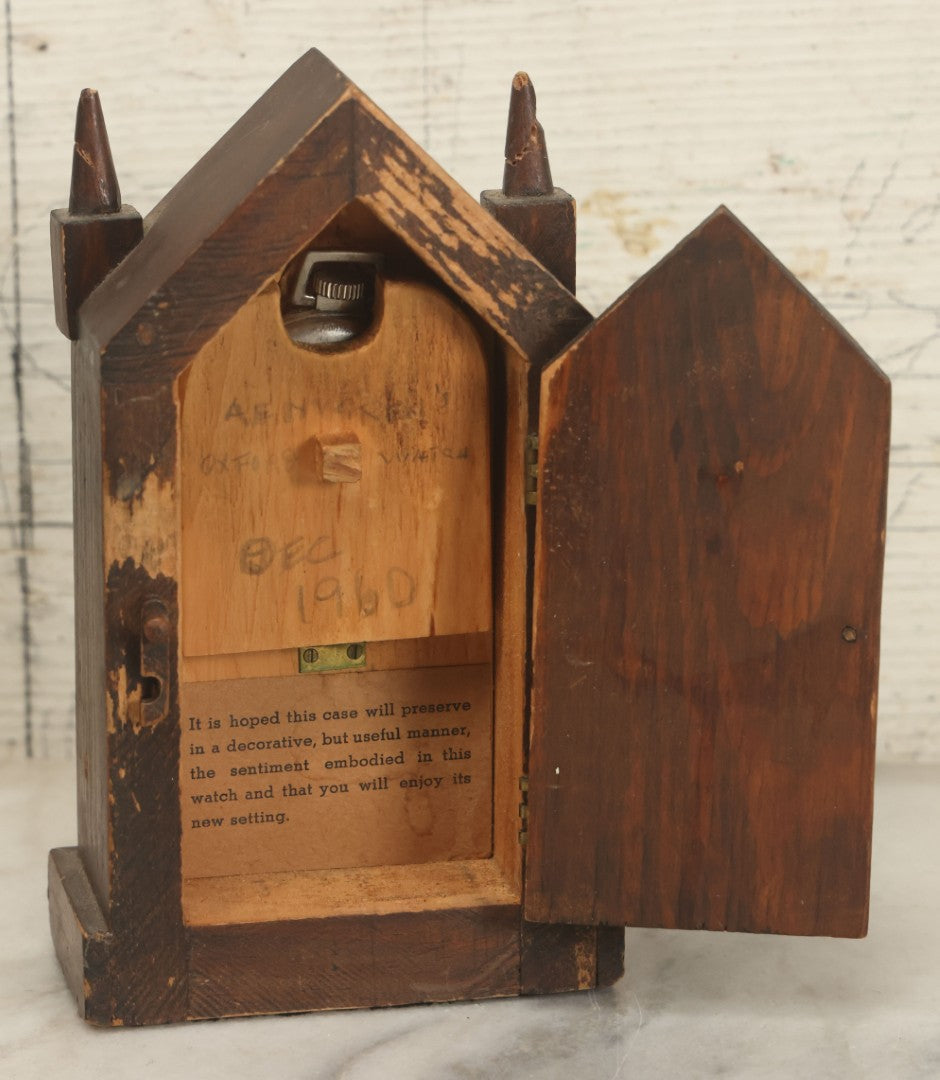 Lot 045 - Vintage Steeple Clock Style Pocket Watch Display Holder With Westclox Bull's Eye Pocket Watch (Not Working), Beehive Motif, Identification, Dated 1960