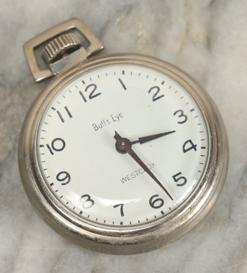 Lot 045 - Vintage Steeple Clock Style Pocket Watch Display Holder With Westclox Bull's Eye Pocket Watch (Not Working), Beehive Motif, Identification, Dated 1960