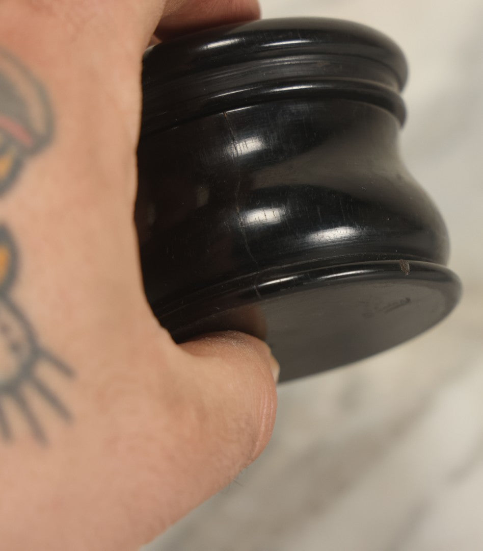 Lot 046 - Antique Turned Ebony Wood Dresser Box With Lid, Marked Ebony On Bottom, Not Lid Is Difficult To Put On